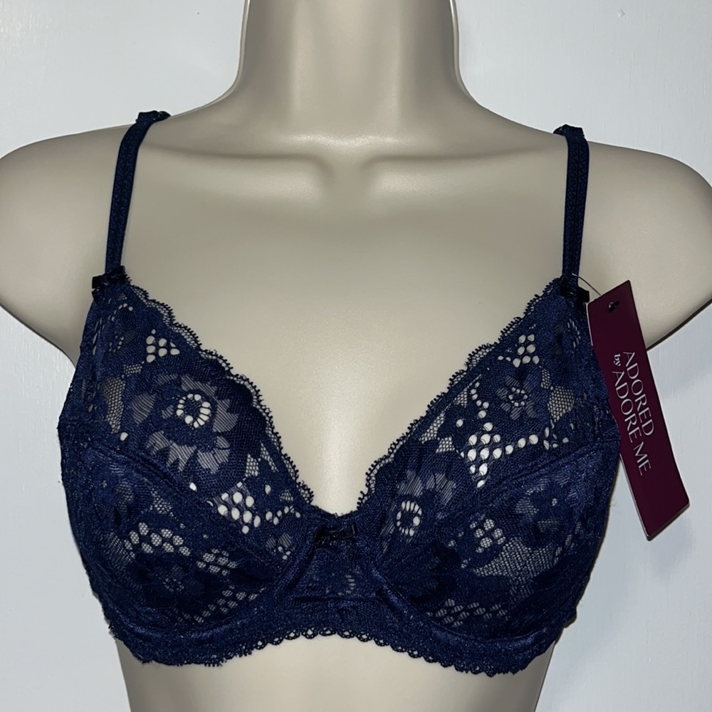 Adored by Adore Me Chelsey Unlined Floral Lace Underwire Bra Navy Blue 34A